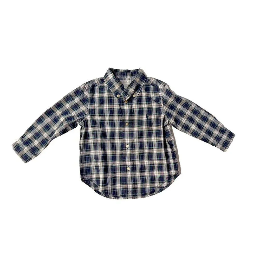 Ralph Lauren Long Sleeve Button Down blue/white Plaid Shirt Size 24 months Baby